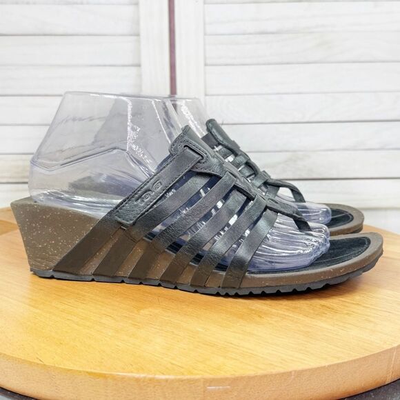Teva Carrillo Cage Strappy Leather Thong Gladiator Wedge Sandals Black 9.5 - Picture 1 of 11